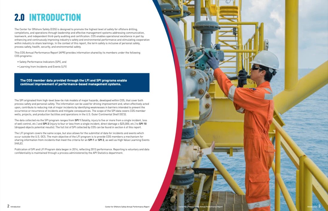 Report spread for the Introduction, with text and a highlighted callout beside a photo of a worker on an offshore platform.