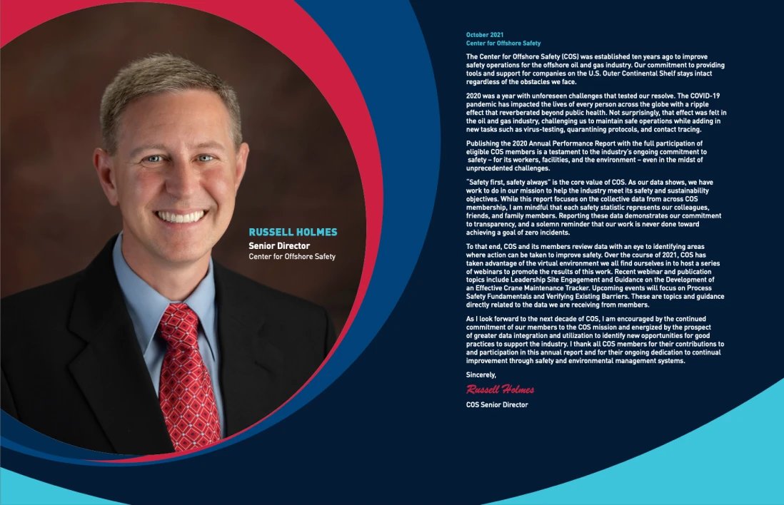 Report spread with a portrait of the Senior Director in a red and blue circle beside a letter on a navy page.