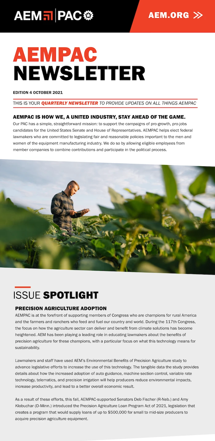 Top of the AEMPAC newsletter: a bold title, an intro paragraph and a photo of a farmer in a field.