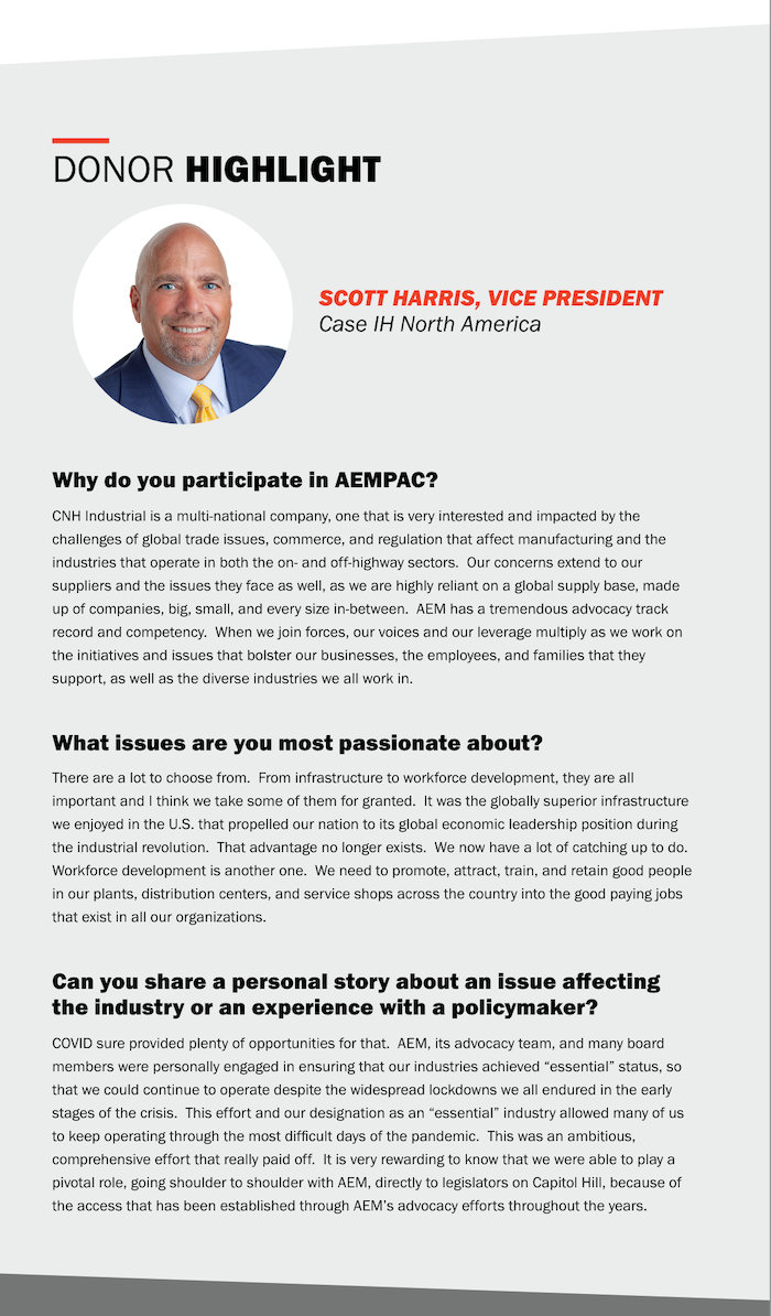 Middle of the AEMPAC newsletter: a donor highlight with a circular portrait and a question and answer.