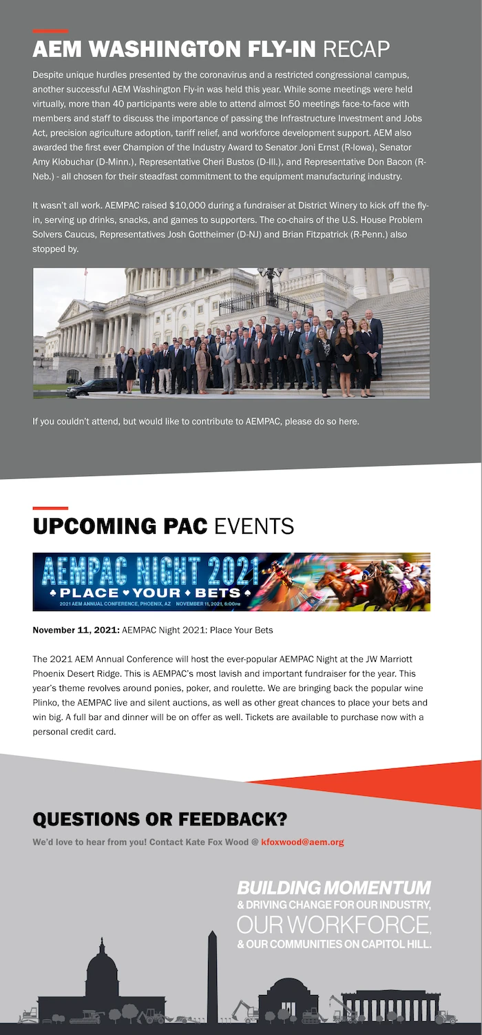 Bottom of the AEMPAC newsletter: a fly-in recap with a group photo, upcoming events, and a skyline illustration.