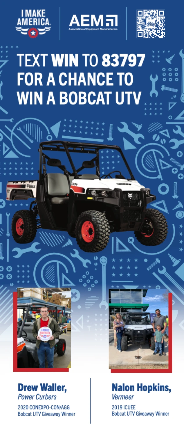 Tall banner inviting people to text WIN for a chance to win a utility vehicle, with two past winners below.