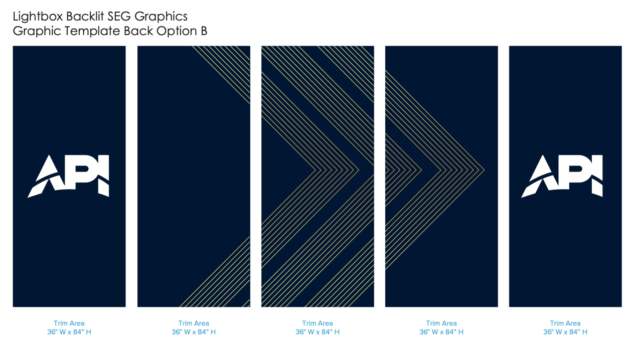 Back template for the same five lightbox graphics: navy panels with fine yellow diagonal lines and the API logo.
