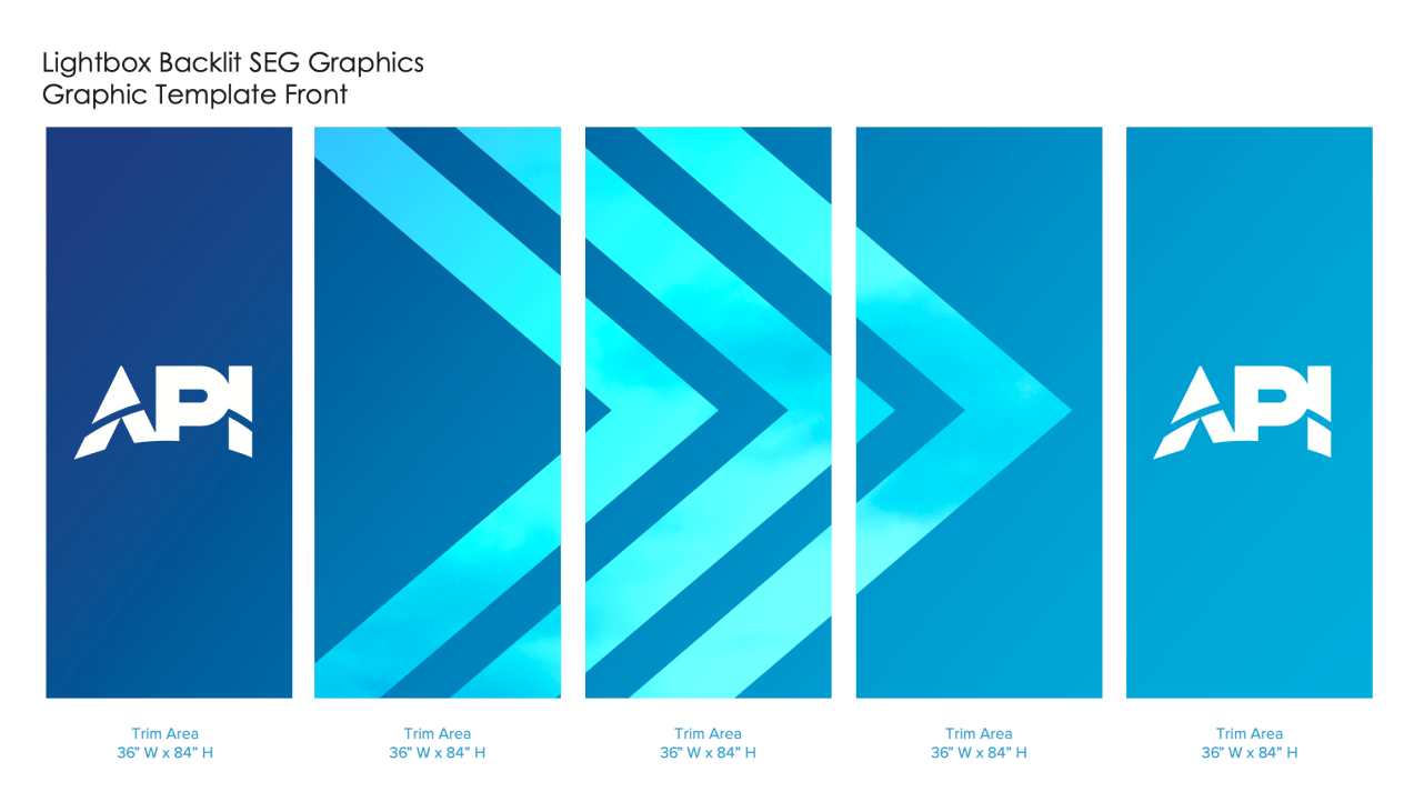 Front template for five backlit lightbox graphics in blues with a repeating arrow pattern and the API logo.