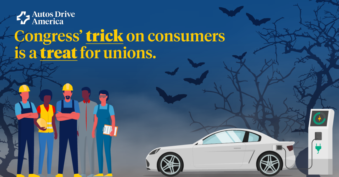 Halloween social graphic on a dark blue spooky background: Congress' trick on consumers is a treat for unions.