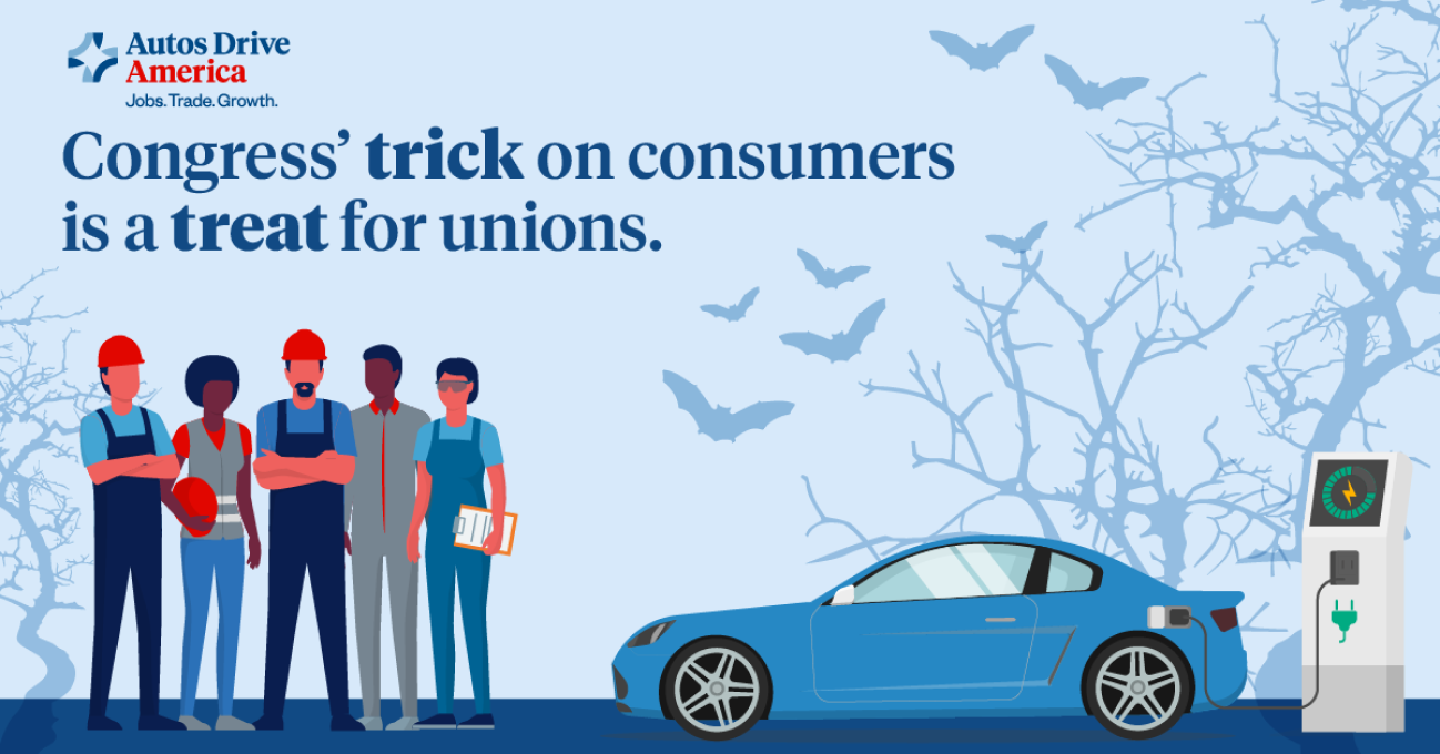 Light blue version of the Halloween graphic: Congress' trick on consumers is a treat for unions, with a row of workers and a blue car.