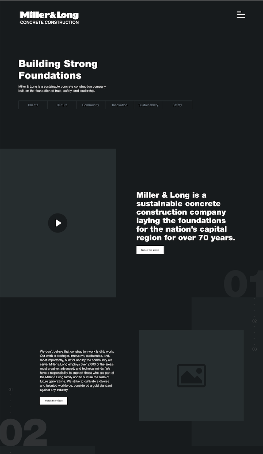 Dark wireframe of the Miller and Long homepage: a headline, section navigation, a video block and a text block.