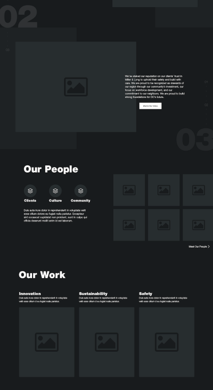 Continuation of the Miller and Long wireframe with a video block, a statement and a section with an image placeholder.