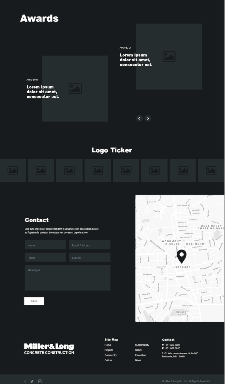 Lower half of the Miller and Long wireframe: awards carousel, a logo ticker, a contact form with a map and the footer.