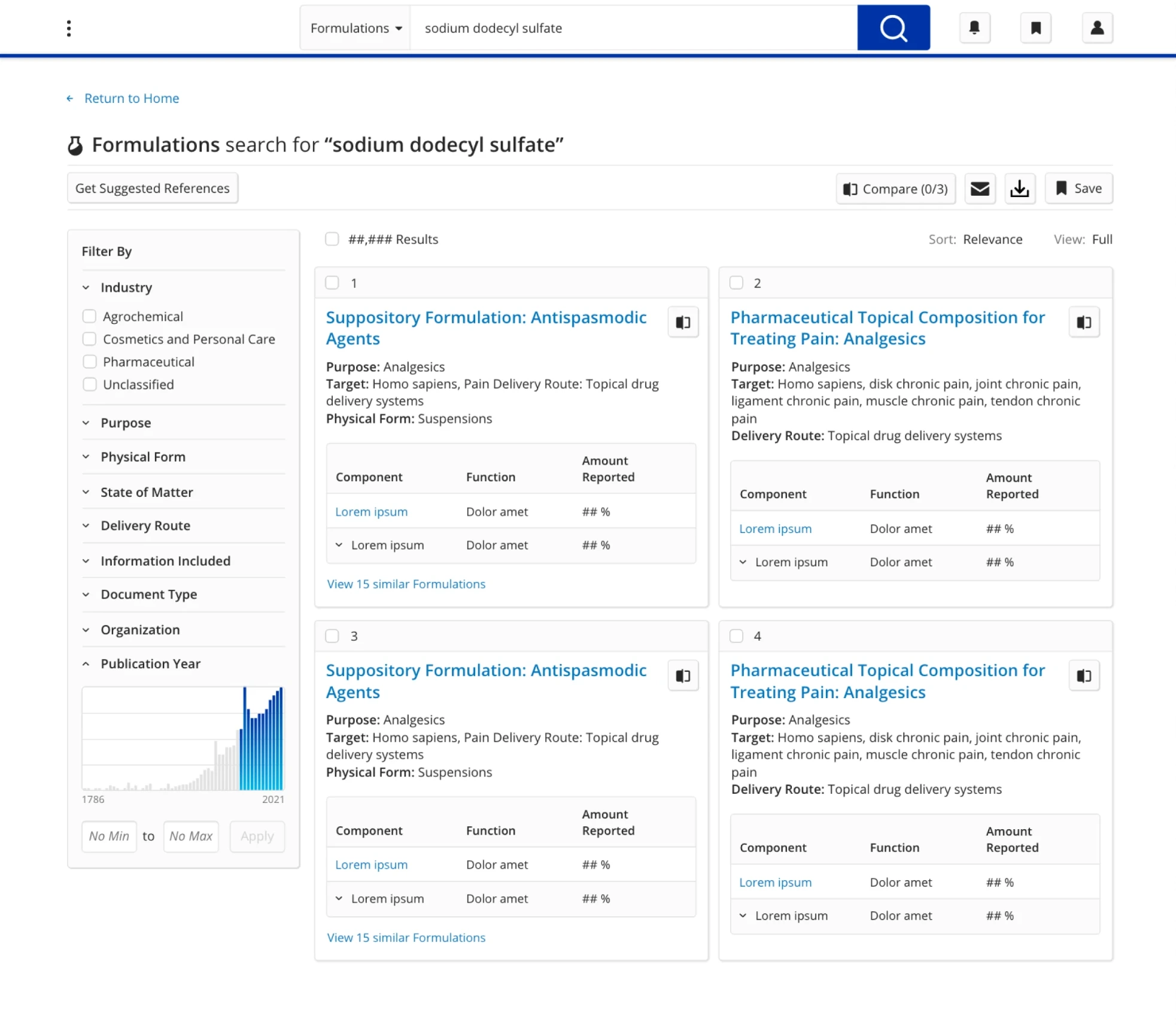New Formulus formulations results page showing four results in a two-column condensed view