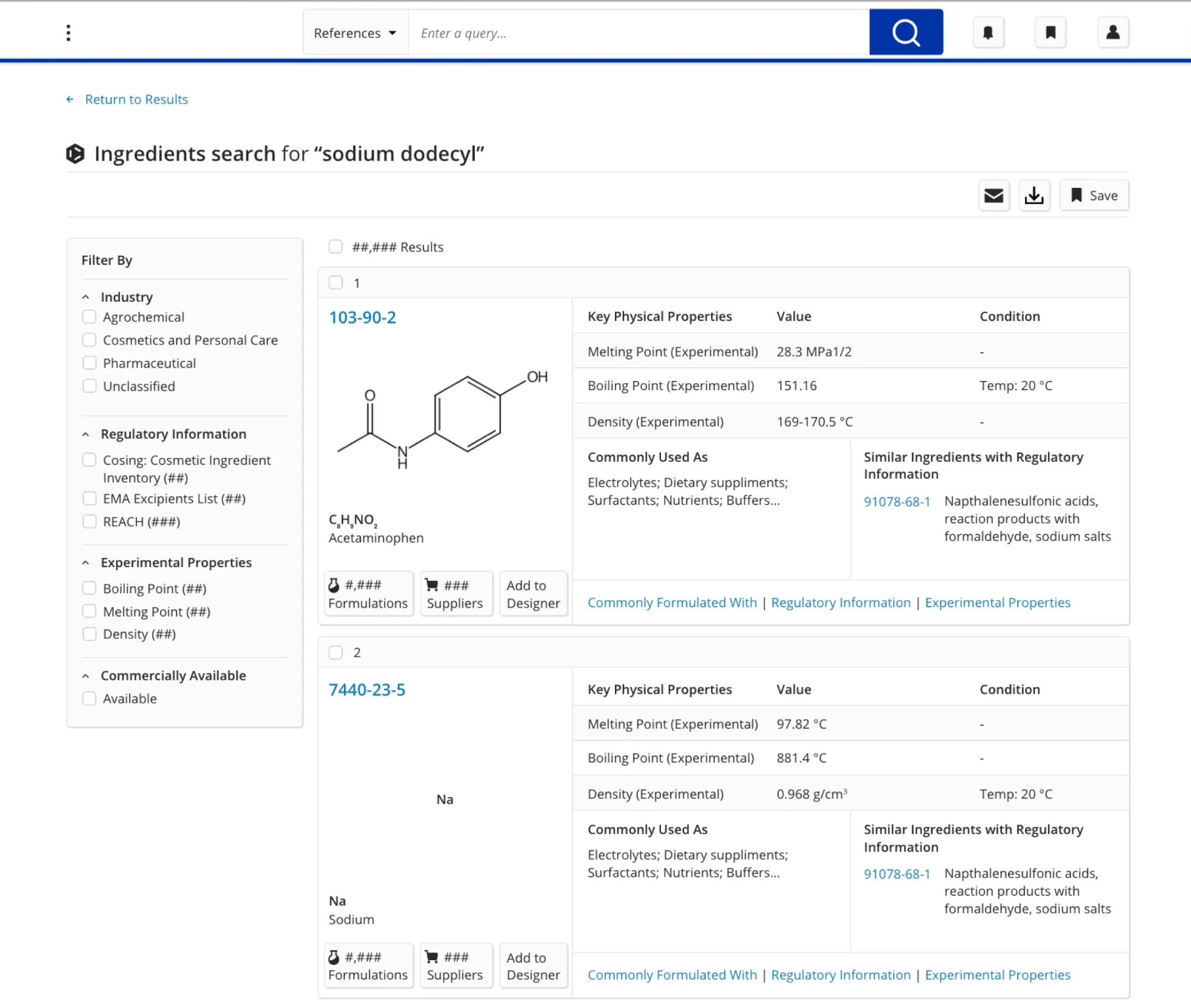 New Formulus ingredients results page with larger molecular structure images beside a key physical properties table