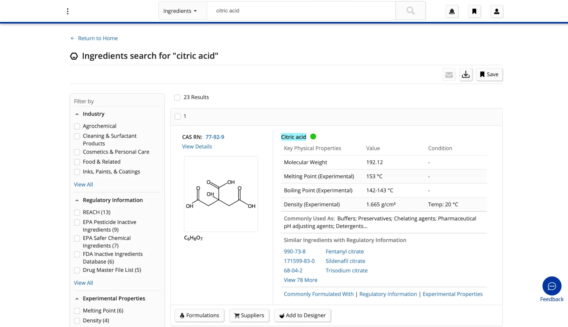 Old Formulus ingredients results page for citric acid, with a small structure image and a long properties table