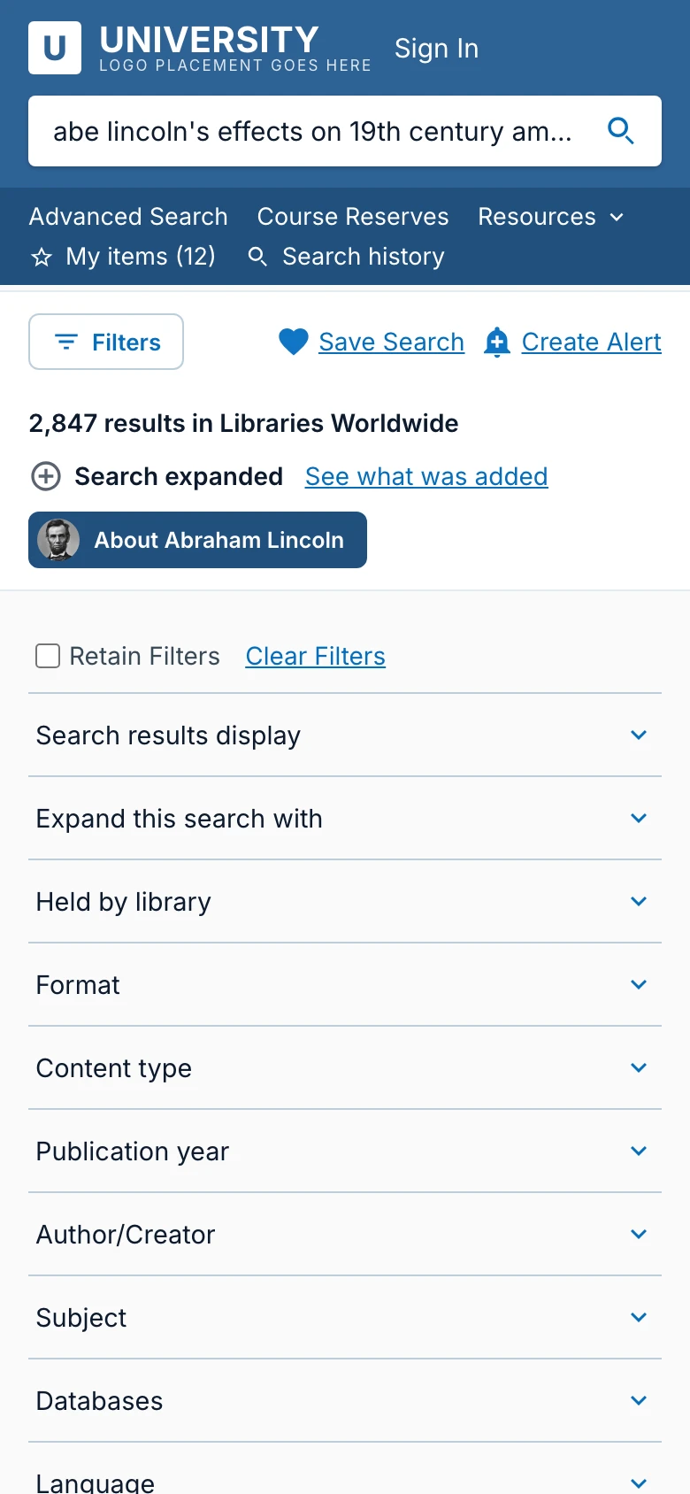 Phone with the filter drawer open, showing Retain Filters, Clear Filters and the filter facets.