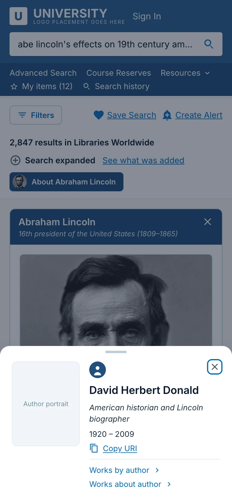 Phone with an author’s details open as a bottom sheet over the results: David Herbert Donald, his dates, Copy URI, and links to works by and about the author.