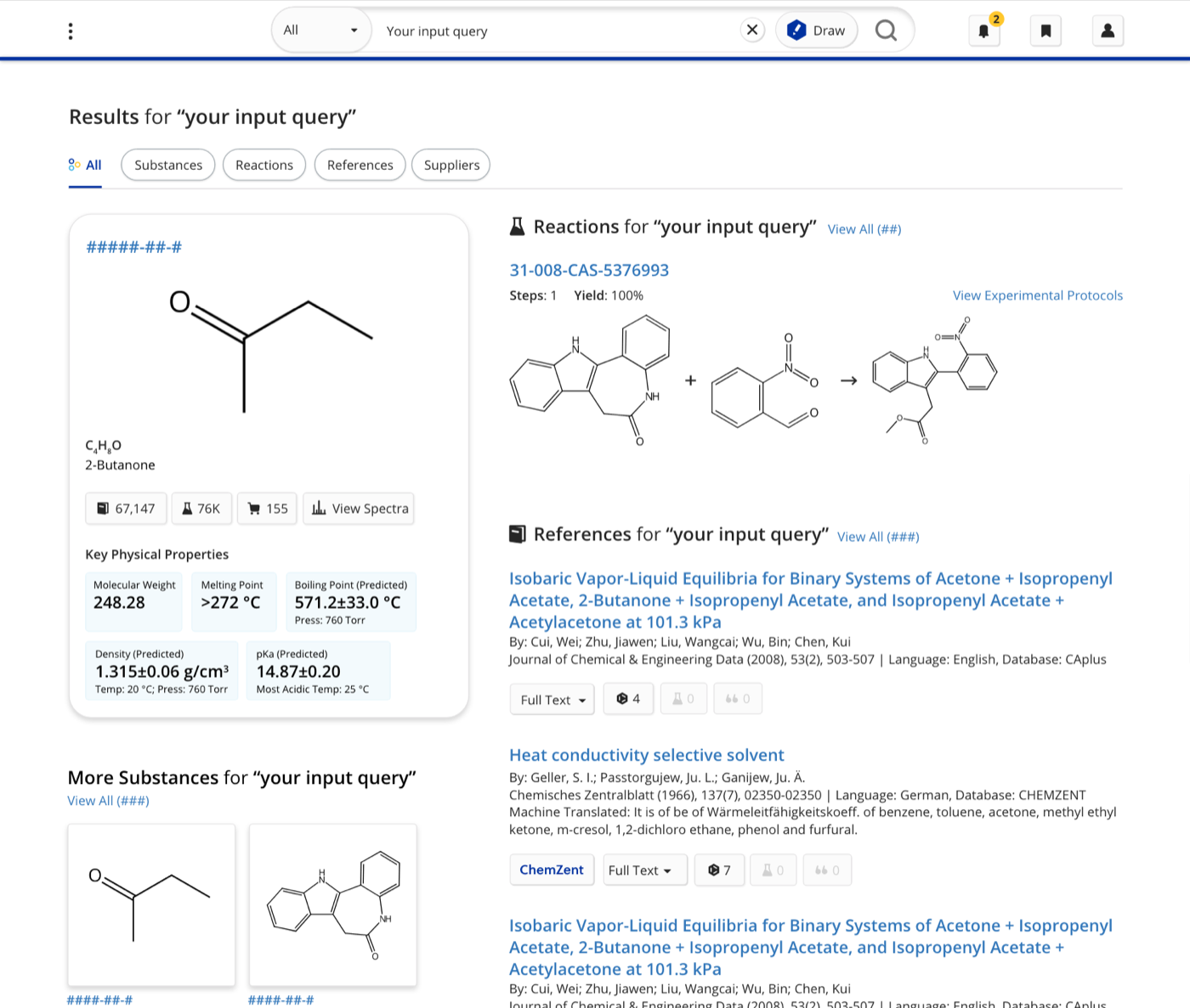 New SciFinder all-page search results styled like a modern search engine, with primary substance and reaction results on display