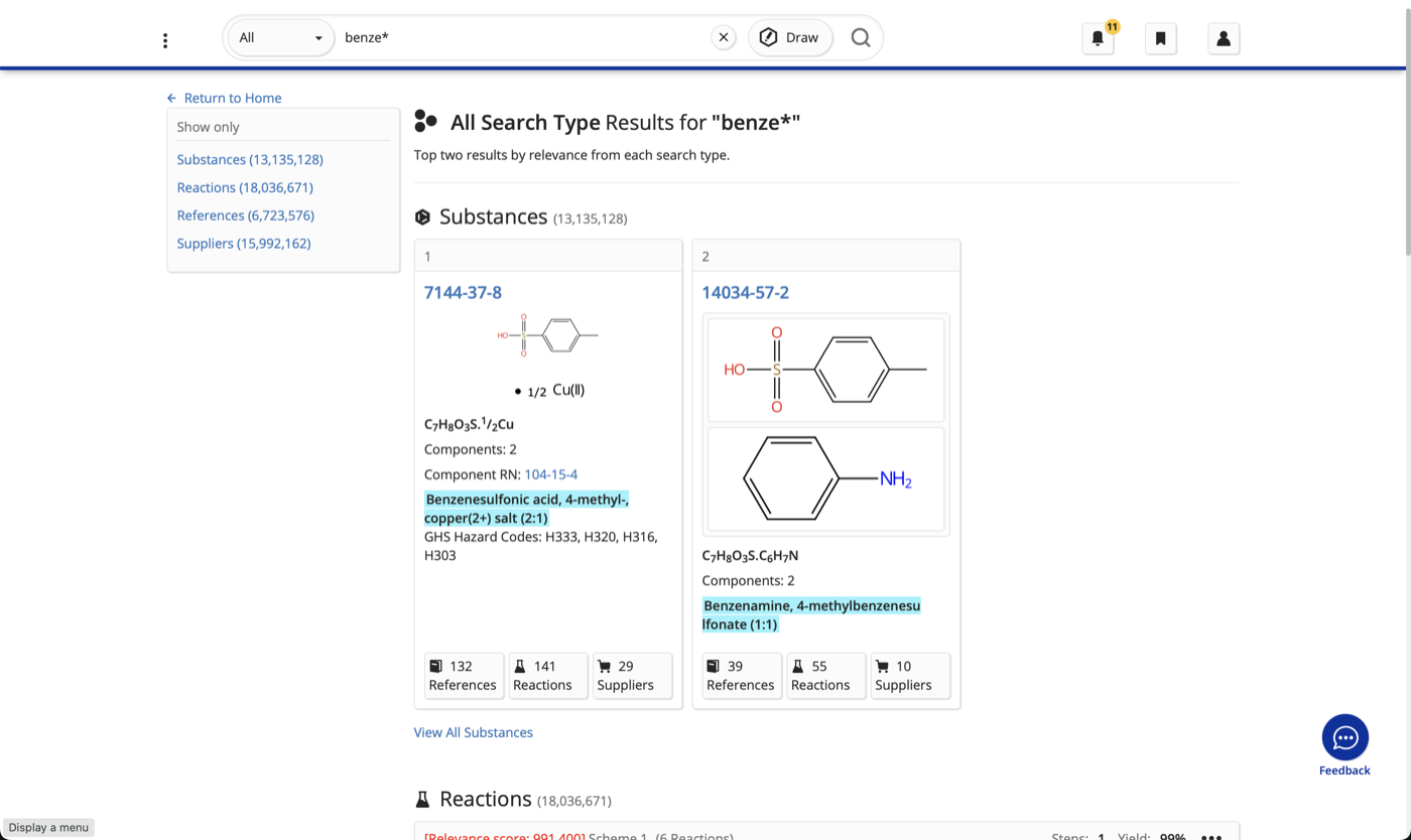 Old SciFinder all-page search results with a left-hand category sidebar
