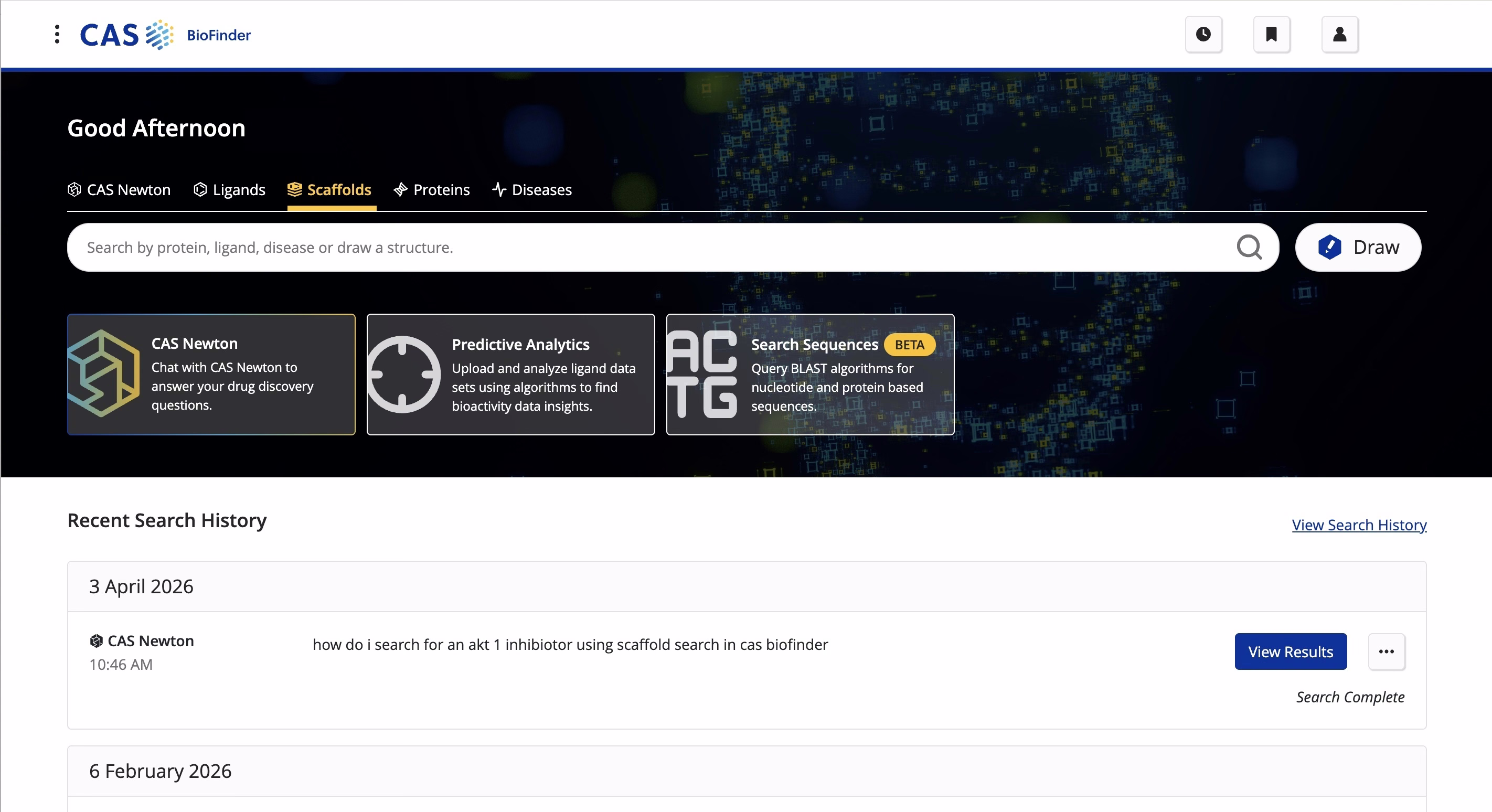 CAS BioFinder homepage with a dark illustrated hero, search-type tabs, one search bar, and three feature boxes beneath it, above a recent search history