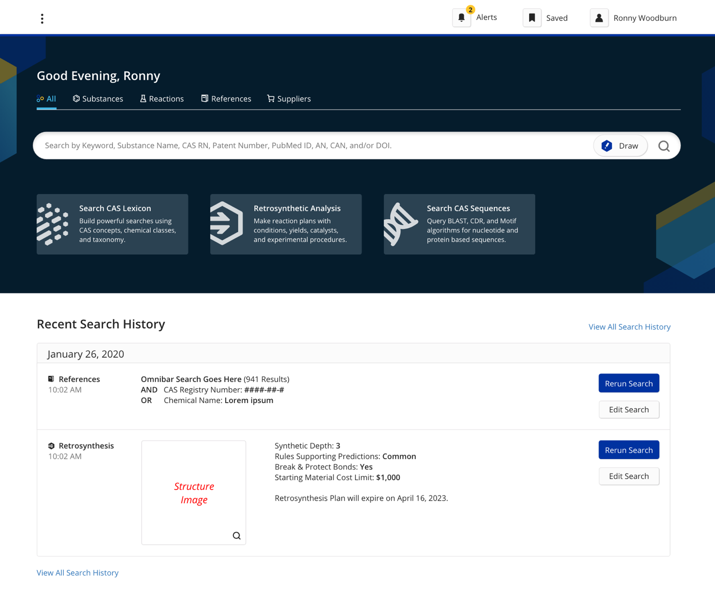New SciFinder homepage with key feature boxes displayed below the main search bar