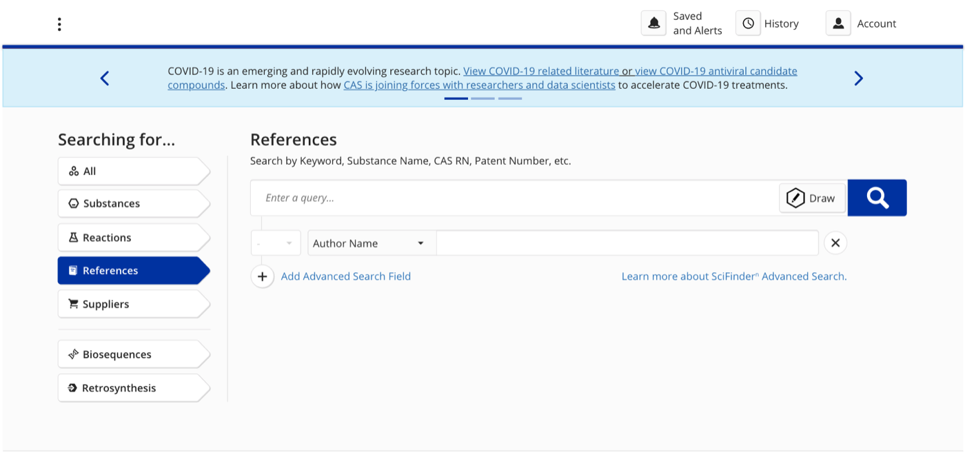 Old SciFinder homepage with a left-hand category sidebar and a single search field