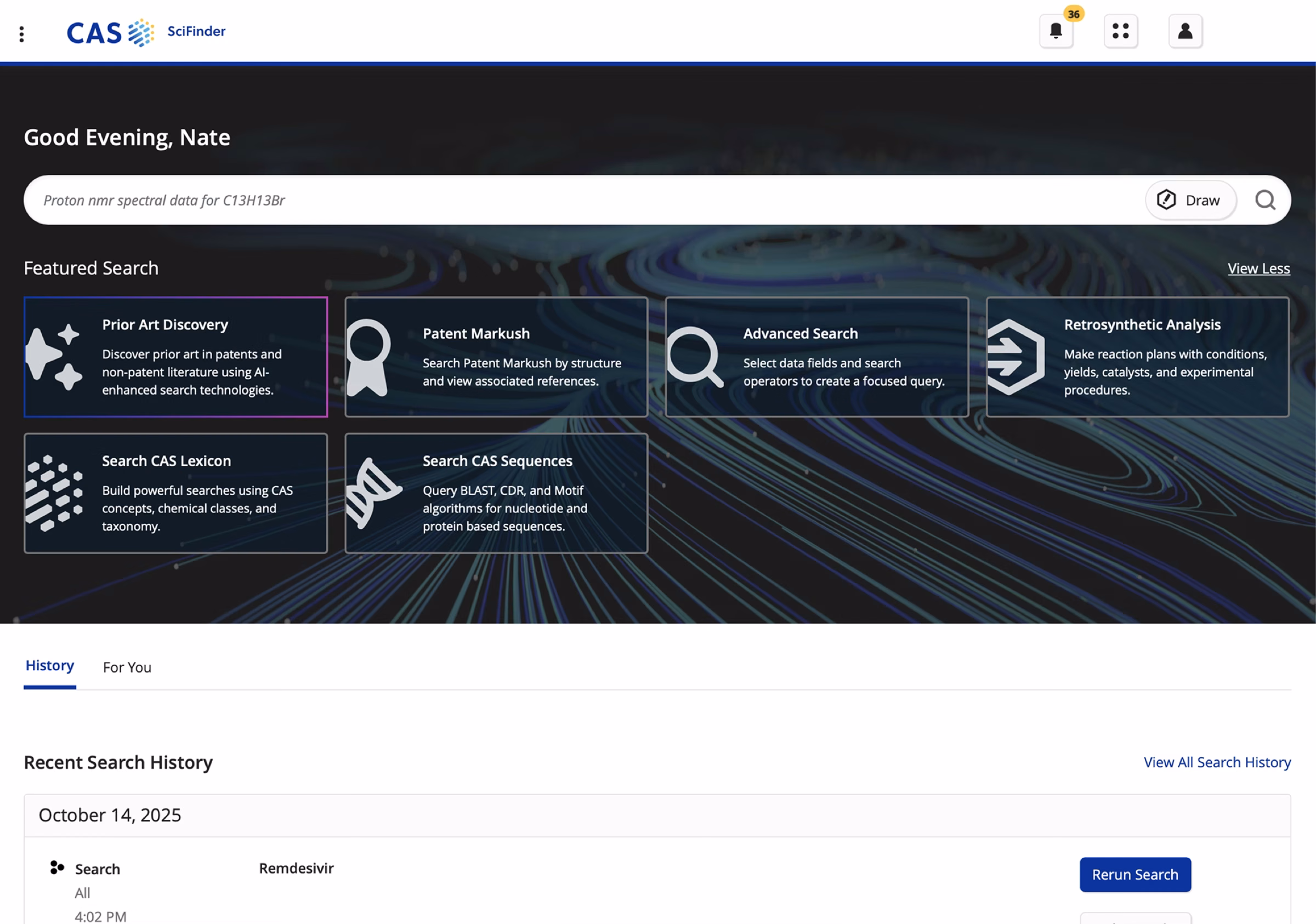 SciFinder 2025 homepage with AI-augmented answer summaries and value driver features
